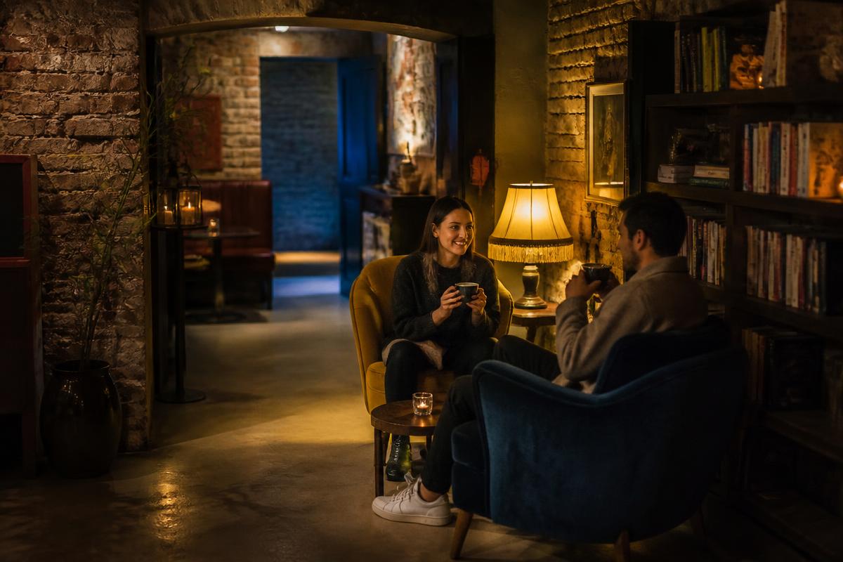 Intimate basement café nook with exposed brick and soft lamplight