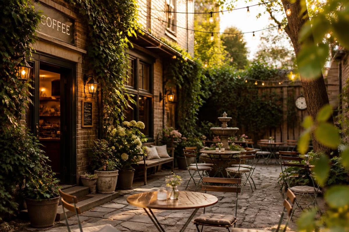 Peaceful garden patio behind the café with string lights and bistro tables