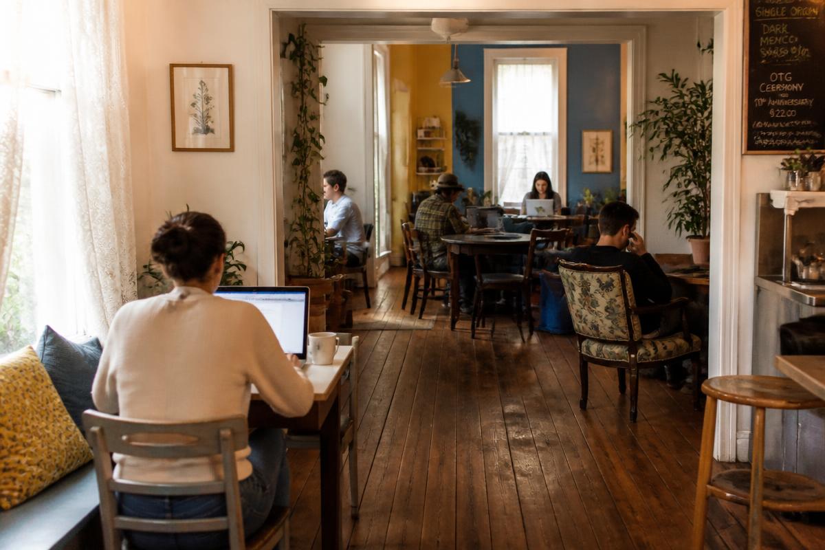 Cozy main floor seating with students working and warm afternoon light